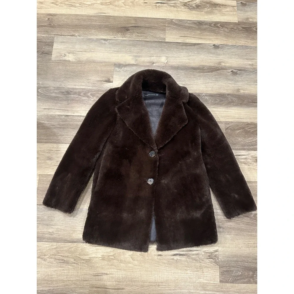 ZARA WOMAN Brown Faux Fur‎ Coat Jacket Button Front Collared Outerwear size XS